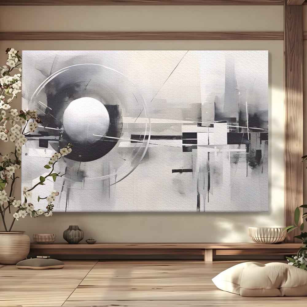 Tablou canvas cu pictura abstracta cu sfera si cercuri, fara rama, pe sasiu de lemn